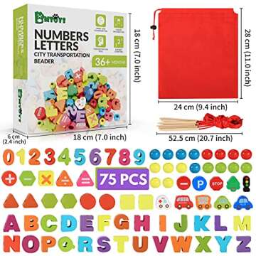 BMTOYS Wooden Lacing Toy Alphabet Number Threading Beads for Boys Girls Age 3 4 5 6 Montessori Educa...