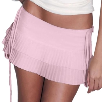 Women Y2k Mini Skirts Cute Low Waist Layered Skirt Side Tie-Up Short Skirts Coquette Solid Pleated S...