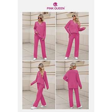 Pink Queen Women's 2 Piece Sweater Set Button Pullover Knit Top Long Wide Leg Pants Sweatsuit Lounge Set Rose Red XL