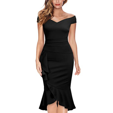 Knitee Women's Off Shoulder V-Neck Ruffle Pleat Waist Bodycon Evening Cocktail Slit Formal Dress (Bl...