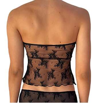 WPNAKS Women's Strapless Tube Top Y2k Going Out Bandeau Crop Tops Sleeveless Cami Shirt Off Shoulder Vest Tank,Lace a Black