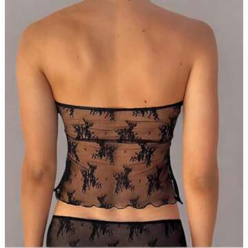 WPNAKS Women's Strapless Tube Top Y2k Going Out Bandeau Crop Tops Sleeveless Cami Shirt Off Shoulder Vest Tank,Lace a Black