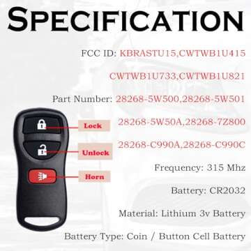 Keyless Entry Remote Control Key Fob Replacement Fits for Nissan Xterra Titan Armada Frontier 2002-2019 Quest Sentra Murano Pathfinder Versa Infiniti FX35 FX45 QX4 3 Buttons KBRASTU15 CWTWB1U733