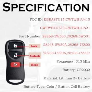 Keyless Entry Remote Control Key Fob Replacement Fits for Nissan Xterra Titan Armada Frontier 2002-2019 Quest Sentra Murano Pathfinder Versa Infiniti FX35 FX45 QX4 3 Buttons KBRASTU15 CWTWB1U733