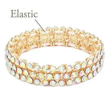 Lavencious Round Shape Rhinestones Thin 3 Rows Elastic Stretch Bracelet Party Jewelry for Women 7"(Gold AB)