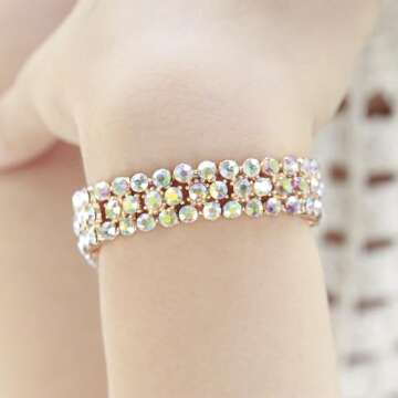 Lavencious Round Shape Rhinestones Thin 3 Rows Elastic Stretch Bracelet Party Jewelry for Women 7"(Gold AB)