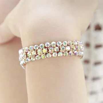 Lavencious Round Shape Rhinestones Thin 3 Rows Elastic Stretch Bracelet Party Jewelry for Women 7"(Gold AB)