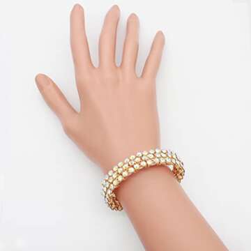 Lavencious Round Shape Rhinestones Thin 3 Rows Elastic Stretch Bracelet Party Jewelry for Women 7"(Gold AB)
