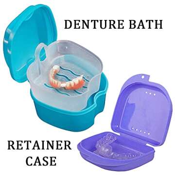 Denture Bath Case, Cleaner Brush & Retainer Holder Set for Travel