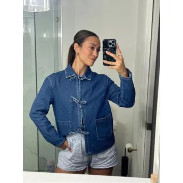 PLNOTME Women's Tie Front Denim Shacket Fall Fashion Top