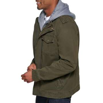 Levi's Men's Washed Cotton Military Jacket with Removable Hood (Standard and Big & Tall), Olive, Medium