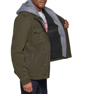 Levi's Men's Washed Cotton Military Jacket with Removable Hood (Standard and Big & Tall), Olive, Medium
