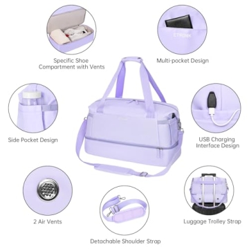 ETRONIK Gym Bag for Women, Travel Duffel Bag with USB Charging Port, Weekender Overnight Bag with Wet Pocket and Shoes Compartment for Women, Travel, Gym, Yoga (Purple)