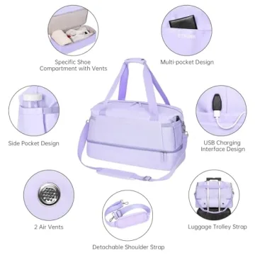 ETRONIK Gym Bag for Women, Travel Duffel Bag with USB Charging Port, Weekender Overnight Bag with Wet Pocket and Shoes Compartment for Women, Travel, Gym, Yoga (Purple)