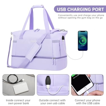 ETRONIK Gym Bag for Women, Travel Duffel Bag with USB Charging Port, Weekender Overnight Bag with Wet Pocket and Shoes Compartment for Women, Travel, Gym, Yoga (Purple)