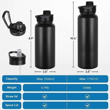VEGOND 32 oz Insulated Water Bottle Stainless Steel Metal Water Bottles with Leak Proof Straw Lid & Spout Lid, Wide Mouth Double Walled Vacuum Travel Sports Bottle, Black