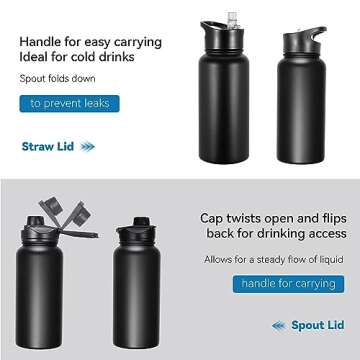 VEGOND 32 oz Insulated Water Bottle Stainless Steel Metal Water Bottles with Leak Proof Straw Lid & Spout Lid, Wide Mouth Double Walled Vacuum Travel Sports Bottle, Black