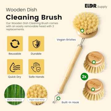 ELDR Supply Wooden Dish Cleaning Brush Set, Two Replacement Brush Heads, German Beechwood Handle, Strong Hemp Bristles, Natural Kitchen Brush, Zero Waste, Zero Plastic