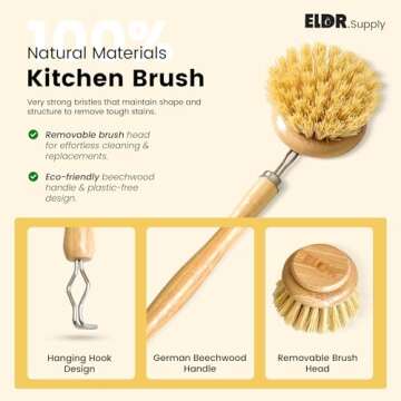 ELDR Supply Wooden Dish Cleaning Brush Set, Two Replacement Brush Heads, German Beechwood Handle, Strong Hemp Bristles, Natural Kitchen Brush, Zero Waste, Zero Plastic