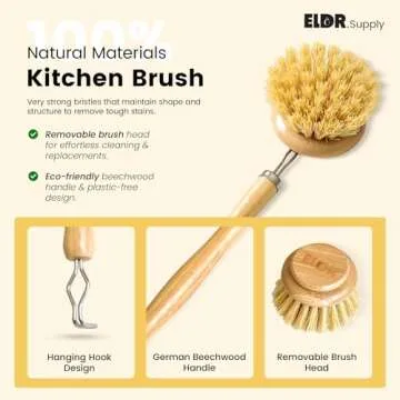ELDR Supply Wooden Dish Cleaning Brush Set, Two Replacement Brush Heads, German Beechwood Handle, Strong Hemp Bristles, Natural Kitchen Brush, Zero Waste, Zero Plastic