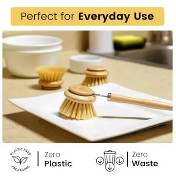 ELDR Supply Wooden Dish Cleaning Brush Set, Two Replacement Brush Heads, German Beechwood Handle, Strong Hemp Bristles, Natural Kitchen Brush, Zero Waste, Zero Plastic