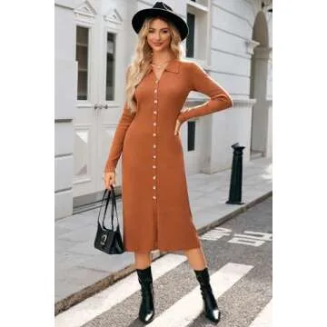 Newshows Womens Fall Sweater Dress 2024 Long Sleeve Oufits Trendy Bodycon Split V Neck Ribbed Knit Button Casual Midi Dresses(Caramel, L)