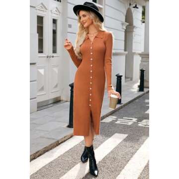 Newshows Womens Fall Sweater Dress 2024 Long Sleeve Oufits Trendy Bodycon Split V Neck Ribbed Knit Button Casual Midi Dresses(Caramel, L)