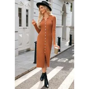 Newshows Womens Fall Sweater Dress 2024 Long Sleeve Oufits Trendy Bodycon Split V Neck Ribbed Knit Button Casual Midi Dresses(Caramel, L)