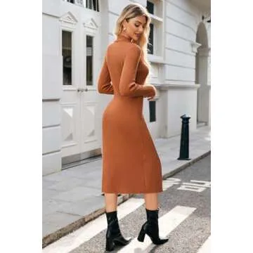 Newshows Womens Fall Sweater Dress 2024 Long Sleeve Oufits Trendy Bodycon Split V Neck Ribbed Knit Button Casual Midi Dresses(Caramel, L)