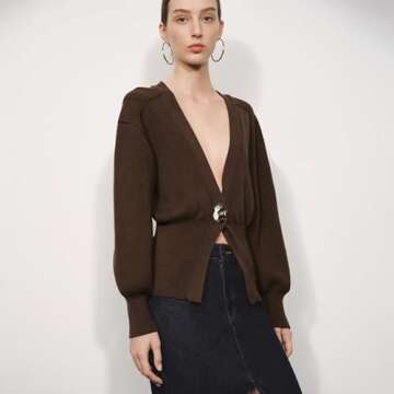 URBAN REVIVO Women Knitted Cardigans Long Sleeve V-Neck Lightweight Sweater One Leaf Button Down Outwear Brown, Medium