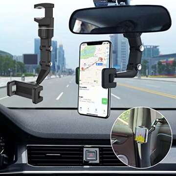 YCNASSS 360° Rearview Mirror Phone Holder for Car Multifunctional Mount Phone and GPS Holder Universal Rotating Car Phone Holder, Cell Phone Automobile Cradles (Black)