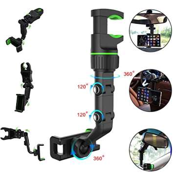 YCNASSS 360° Rearview Mirror Phone Holder for Car Multifunctional Mount Phone and GPS Holder Universal Rotating Car Phone Holder, Cell Phone Automobile Cradles (Black)