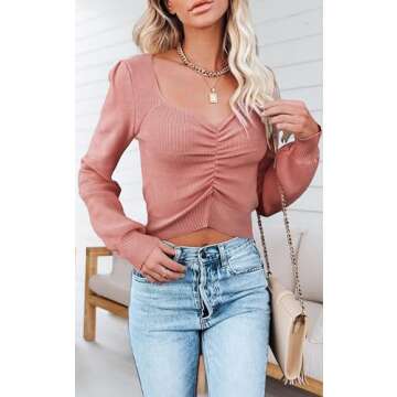 PRETTYGARDEN Fall Long Sleeve Cropped Sweaters for Women 2024 Off The Shoulder V Neck Ruched Ribbed ...