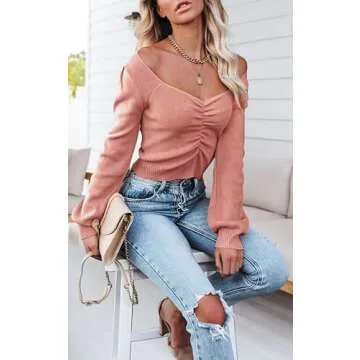 PRETTYGARDEN Fall Long Sleeve Cropped Sweaters for Women 2024 Off The Shoulder V Neck Ruched Ribbed Knit Going Out Tops (Pink, Medium)