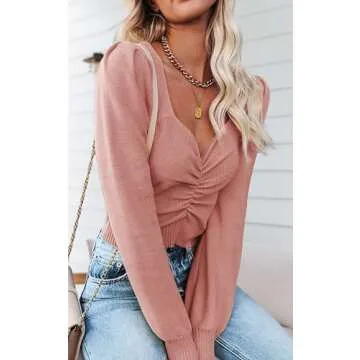 PRETTYGARDEN Fall Long Sleeve Cropped Sweaters for Women 2024 Off The Shoulder V Neck Ruched Ribbed Knit Going Out Tops (Pink, Medium)