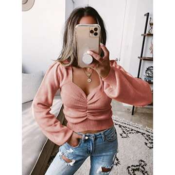 PRETTYGARDEN Fall Long Sleeve Cropped Sweaters for Women 2024 Off The Shoulder V Neck Ruched Ribbed Knit Going Out Tops (Pink, Medium)