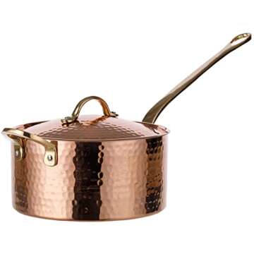 DEMMEX 1mm Thick Hammered Unlined Uncoated Solid Copper Sugar Sauce Zabaglione Pan Candy Jam Caramel Dessert Pot with Lid and Helper Handle, Handmade in Turkey, (1.7-Quart)