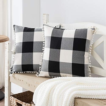 Nestinco Set of 2 Farmhouse Buffalo Check Cotton Linen Pillow Covers with Pom Pom Black and White Square Throw Pillow Covers 18 x 18 inches for Sofa Couch Decor