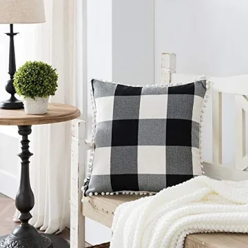 Nestinco Set of 2 Farmhouse Buffalo Check Cotton Linen Pillow Covers with Pom Pom Black and White Square Throw Pillow Covers 18 x 18 inches for Sofa Couch Decor