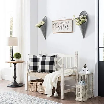 Nestinco Set of 2 Farmhouse Buffalo Check Cotton Linen Pillow Covers with Pom Pom Black and White Square Throw Pillow Covers 18 x 18 inches for Sofa Couch Decor