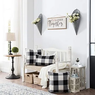 Nestinco Set of 2 Farmhouse Buffalo Check Cotton Linen Pillow Covers with Pom Pom Black and White Square Throw Pillow Covers 18 x 18 inches for Sofa Couch Decor