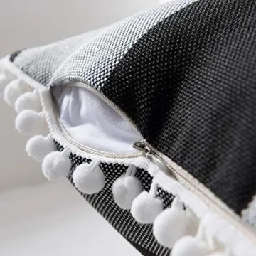 Nestinco Set of 2 Farmhouse Buffalo Check Cotton Linen Pillow Covers with Pom Pom Black and White Square Throw Pillow Covers 18 x 18 inches for Sofa Couch Decor