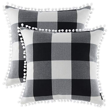 Nestinco Set of 2 Farmhouse Buffalo Check Cotton Linen Pillow Covers with Pom Pom Black and White Square Throw Pillow Covers 18 x 18 inches for Sofa Couch Decor
