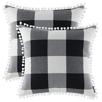 Nestinco Set of 2 Farmhouse Buffalo Check Cotton Linen Pillow Covers with Pom Pom Black and White Square Throw Pillow Covers 18 x 18 inches for Sofa Couch Decor