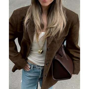 Women Old Money Aesthetics Suede Jackets Y2K Vintage Lapel Collar Coat Baggy Button Down Outerwear Grunge Blazers (Brown,S)