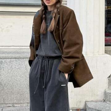 Women Old Money Aesthetics Suede Jackets Y2K Vintage Lapel Collar Coat Baggy Button Down Outerwear Grunge Blazers (Brown,S)