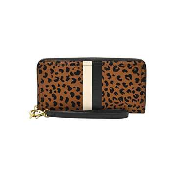 Fossil Women's Logan Faux Leather Wallet RFID Blocking Zip Around Clutch with Wristlet Strap, Cheetah (Model: SL6354989)
