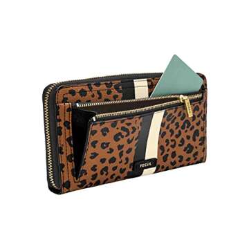 Fossil Women's Logan Faux Leather Wallet RFID Blocking Zip Around Clutch with Wristlet Strap, Cheetah (Model: SL6354989)