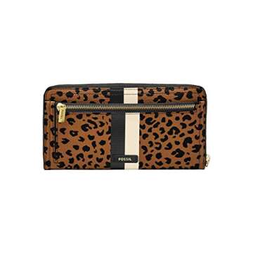 Fossil Women's Logan Faux Leather Wallet RFID Blocking Zip Around Clutch with Wristlet Strap, Cheetah (Model: SL6354989)