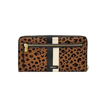 Fossil Women's Logan Faux Leather Wallet RFID Blocking Zip Around Clutch with Wristlet Strap, Cheetah (Model: SL6354989)